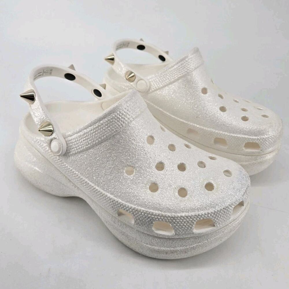 CROCS Classic Bae Glitter Studded Platform Clog White Limited Edition Sz 9